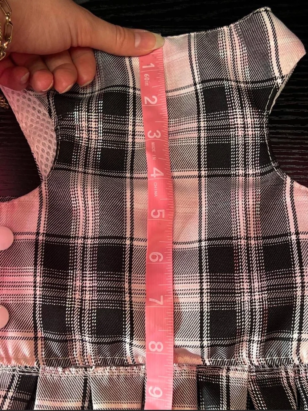Pink & Black Plaid Pet Harness Dress with Pearl Accents & Matching Leash / Bow